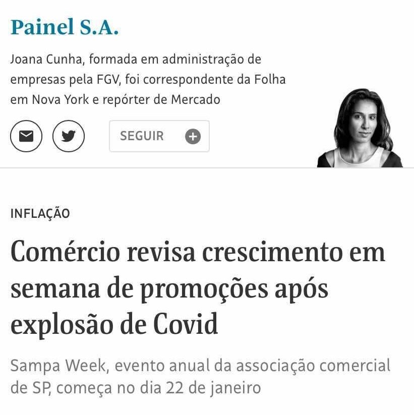 Artigo da Folha de São Paulo com o título: "Comércio revisa crescimento em semana de promoções após explosão de Covid"